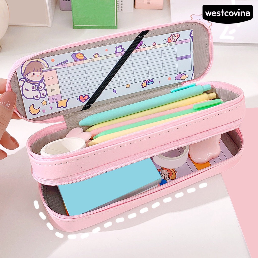 [Hot]✍Túi Đựng Bút Hai Lớp Bằng Da Giả Có Khóa Kéo Kích Thước Lớn