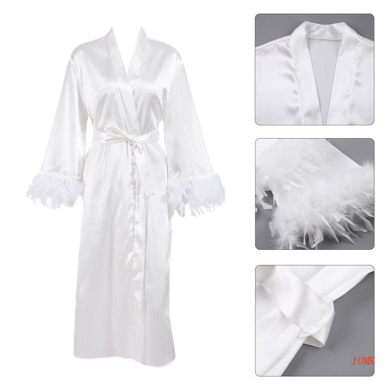 Áo Choàng Tắm Kimono Vải Satin Đính Lông Vũ 10MK