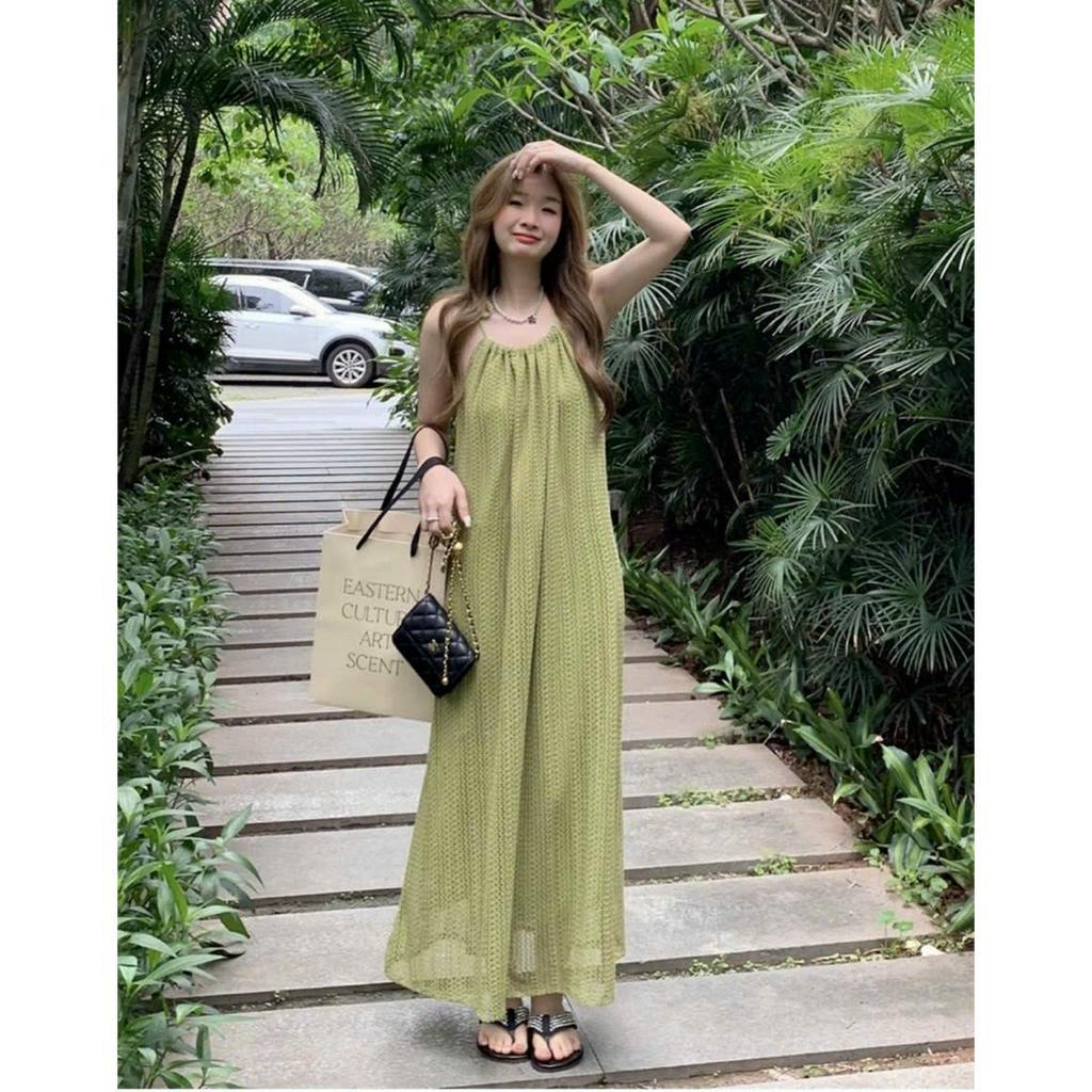 Đầm suông 2 dây maxi dập li màu xanh bơ đẹp