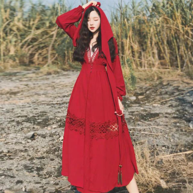 Đầm boho du lịch đỏ dáng dài có khăn mũ xẻ đùi - DBH1002 Đầm Bohemian Vintage Quảng Châu (Đỏ)