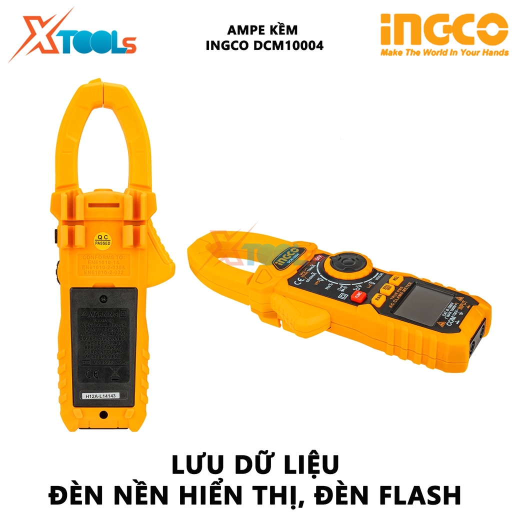 Đồng hồ kẹp AC/DC INGCO DCM10004 | ampe kìm Kỹ thuật số 6000 đếm, lưu dữ liệu, có đèn nền hiển thị, đèn flash đồng hồ vạ