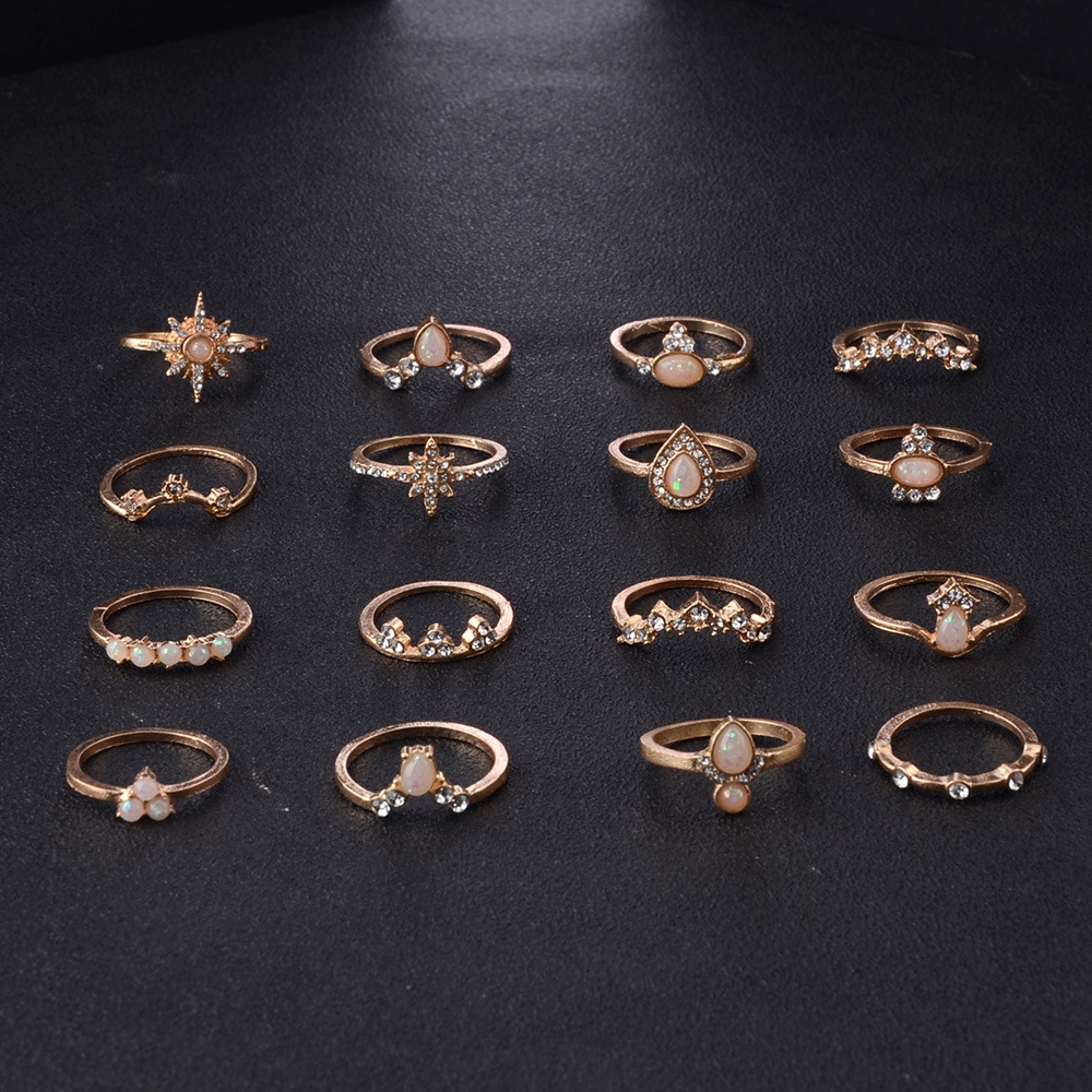 Set 16 nhẫn đính đá opal phong cách Bohemian cổ điển dành cho nữ