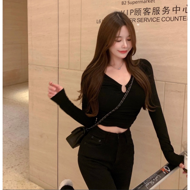 Áo thun lửng tay dài cổ chữ V thời trang Hàn Quốc cho nữ