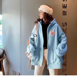 Áo Khoác Thun Nỉ Ngoại Dây Kéo Form Rộng Kiểu Dáng Unisex Mềm Mịn In Logo Thỏ Ngực LV16