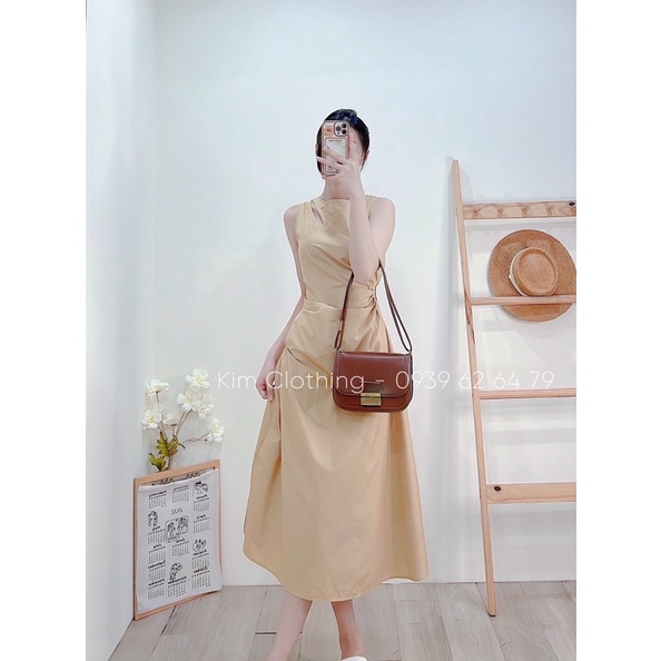 [Hàng sẵn - Hình thật] Đầm nude midi khoét eo sát nách sang chảnh