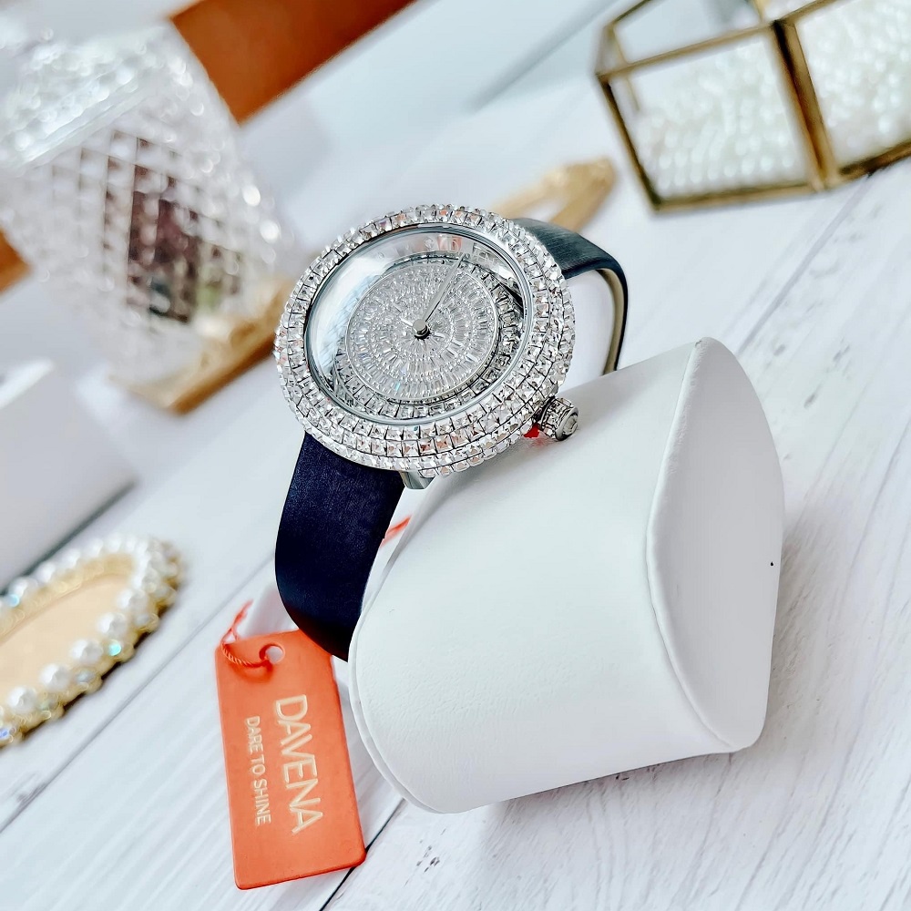 Đồng Hồ Nữ Davena 32091 Dây Da Xanh Đen Silver Chính Hãng 39mm