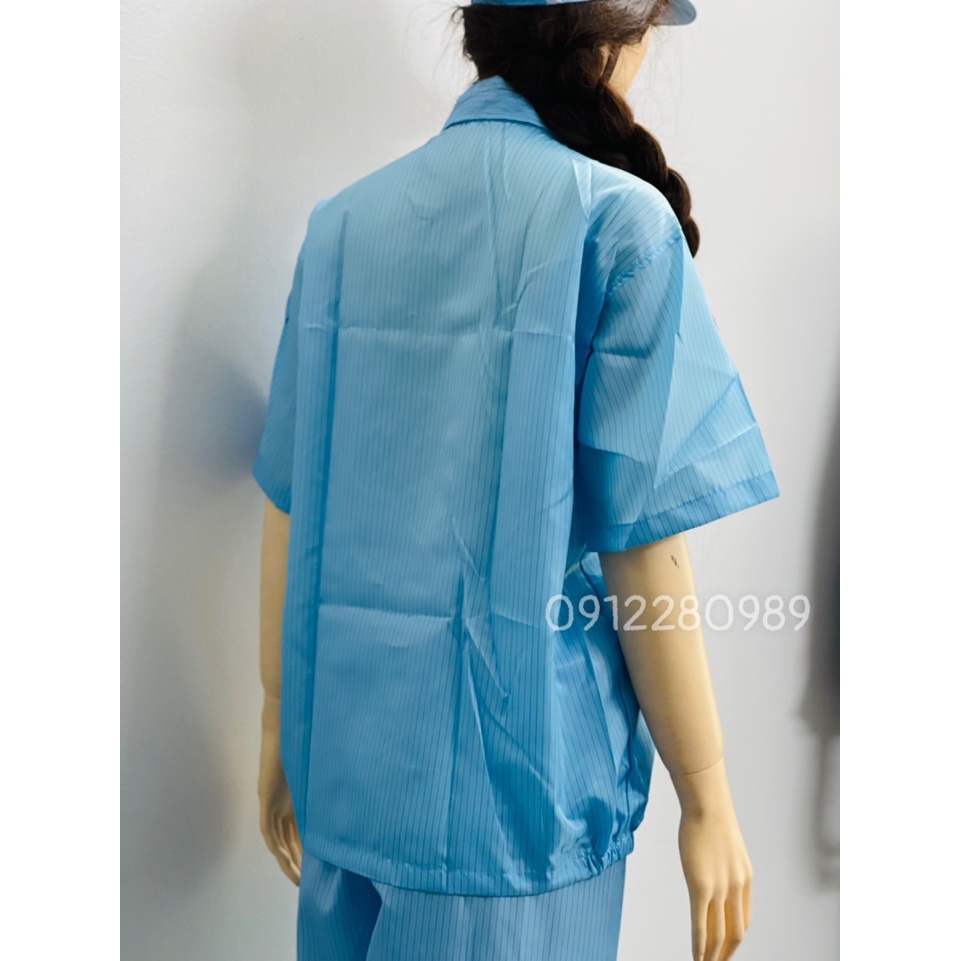 [Áo+Quần+Nón] Đồng phục phòng sạch chống tĩnh điện tay ngắn màu xanh _ Hình chụp thật