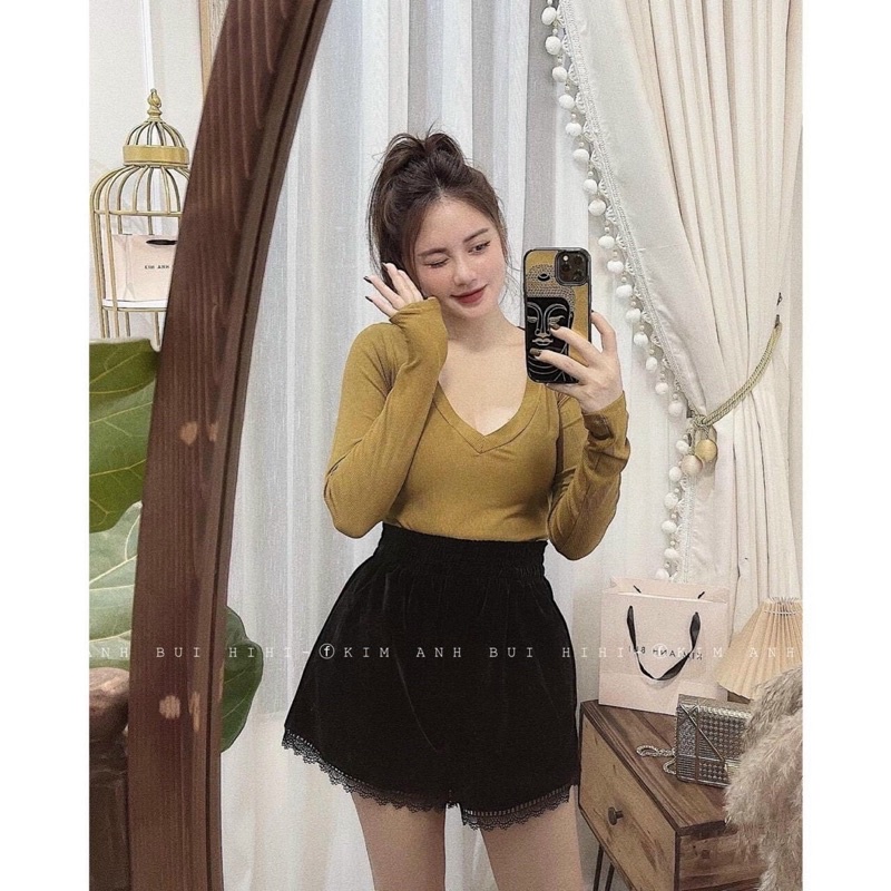 Quần sooc nhung chân ren