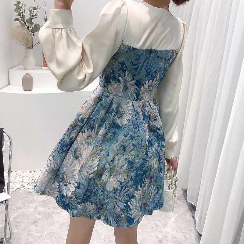 Đầm Chữ A Dài Tay Eo Cao In Họa Tiết Retro Châu Âu Thời Trang Cho Nữ