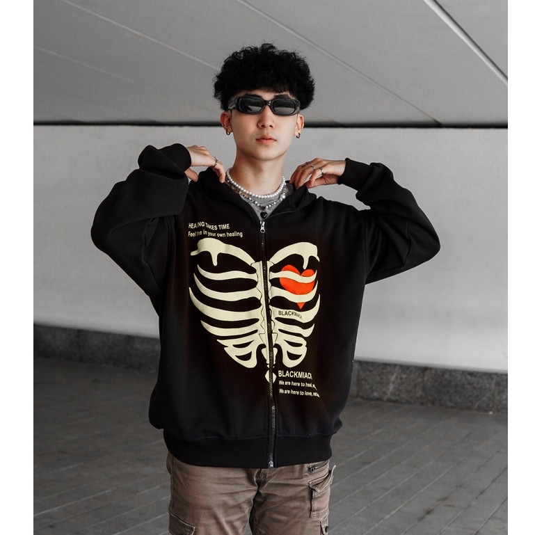 Áo Khoác chống nắng HOODIE zip IN NỔI họa tiết Xương nam nữ, chất Cua, BLACKMIACK