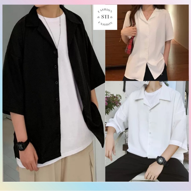 Áo sơ mi nam nữ form rộng tay ngắn Cổ Vest Cổ Ve chuẩn form Hàn Quốc vải lụa mềm min VRN01