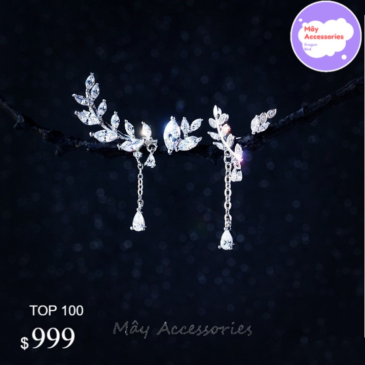 Khuyên kẹp vành tai bạc 925 cao cấp hình lá ô liu lớn đính đá zircon Mây Accessories