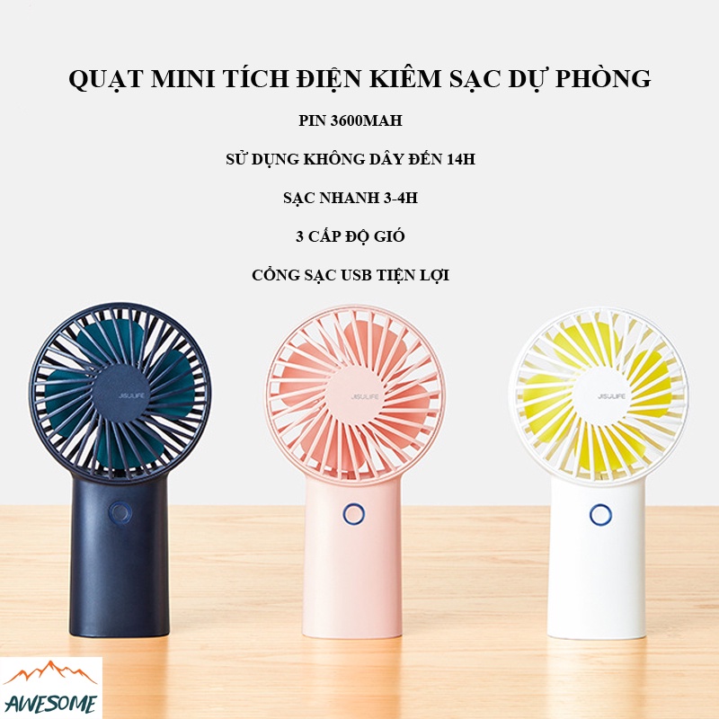 Quạt mini tích điện kiêm Sạc Dự Phòng, cổng sạc USB, Pin 3600MAH, sử dụng không dây 14h, 3 cấp độ gió