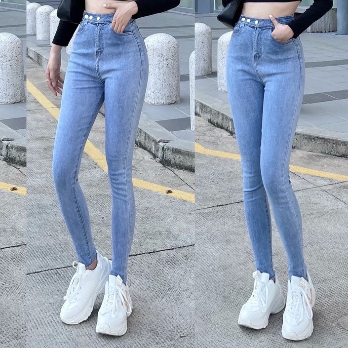 Hình Thật Quần Jean Nữ Skinny 3 nút Lưng Siêu Cao Jeans Màu Xanh Nhạt Đủ Size ( S M L) | BigBuy360 - bigbuy360.vn