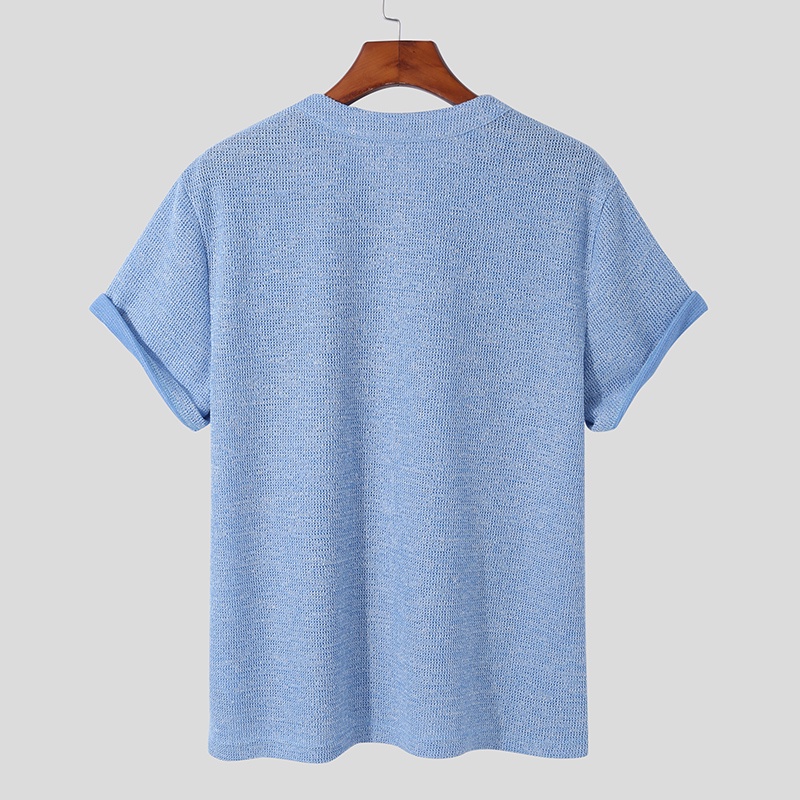 Áo dệt kim INCERUN tay ngắn cổ tròn cài nút thời trang cho nam