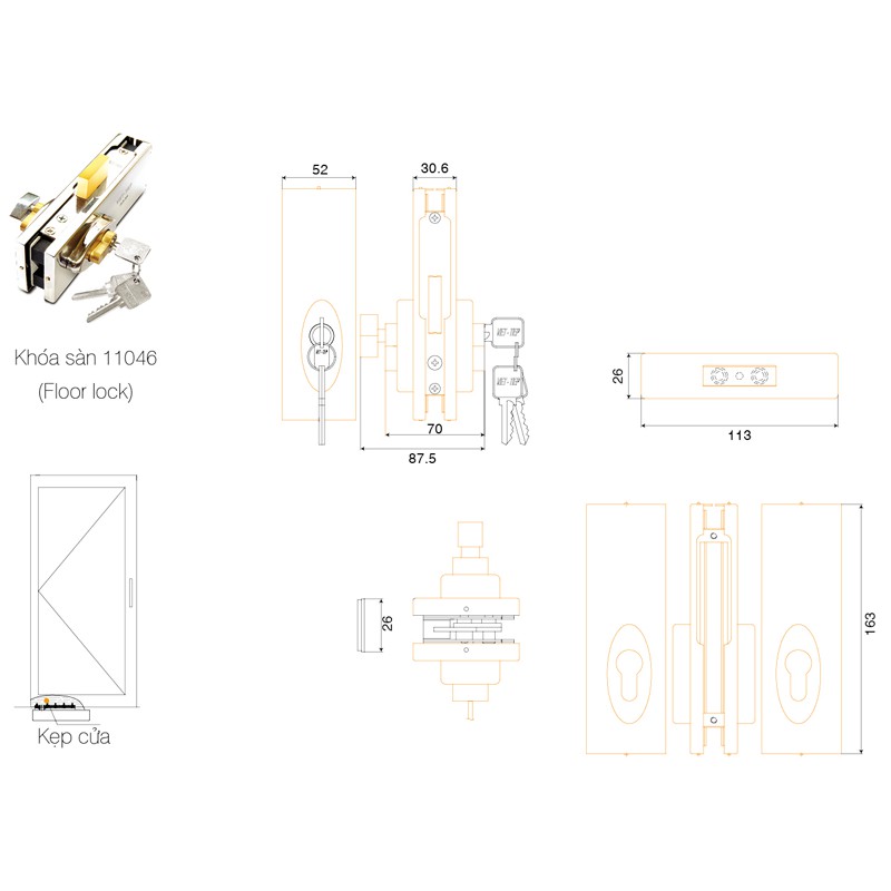 [CHÍNH HÃNG] Bộ Khóa Sàn Cửa Kính VIỆT TIỆP 11046 Thân INOX 304 Lõi Đồng Thau Cao Cấp, Àn Toàn, Siêu Bền