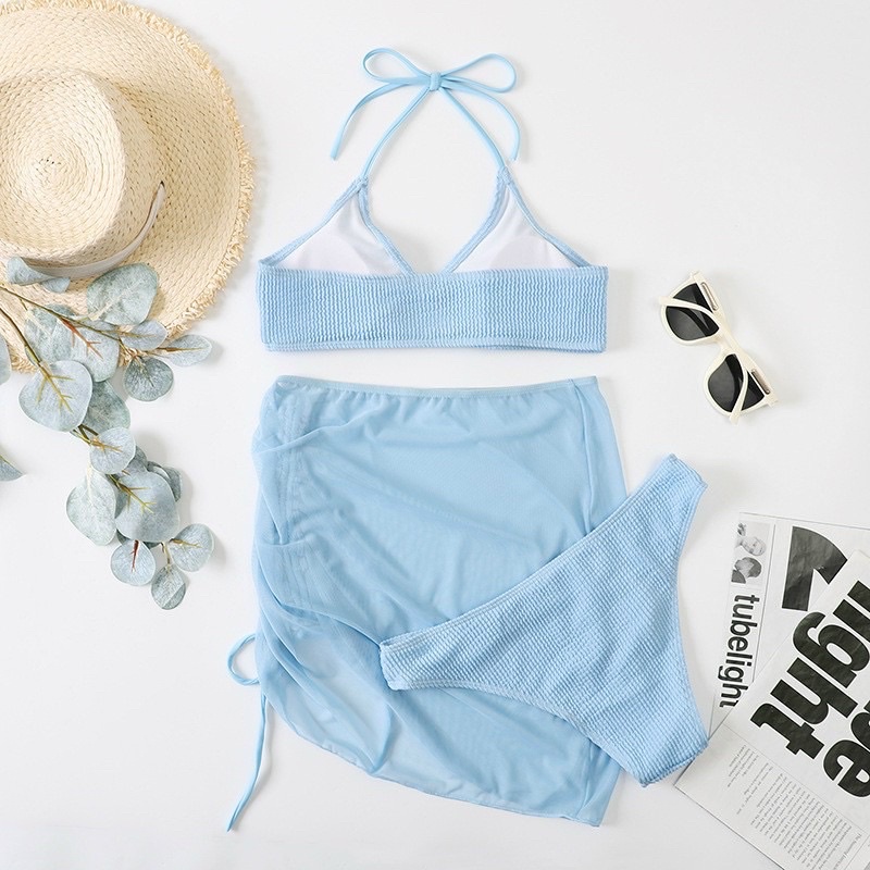 Bikini 3 mảnh kèm chân váy sexy màu xanh biển