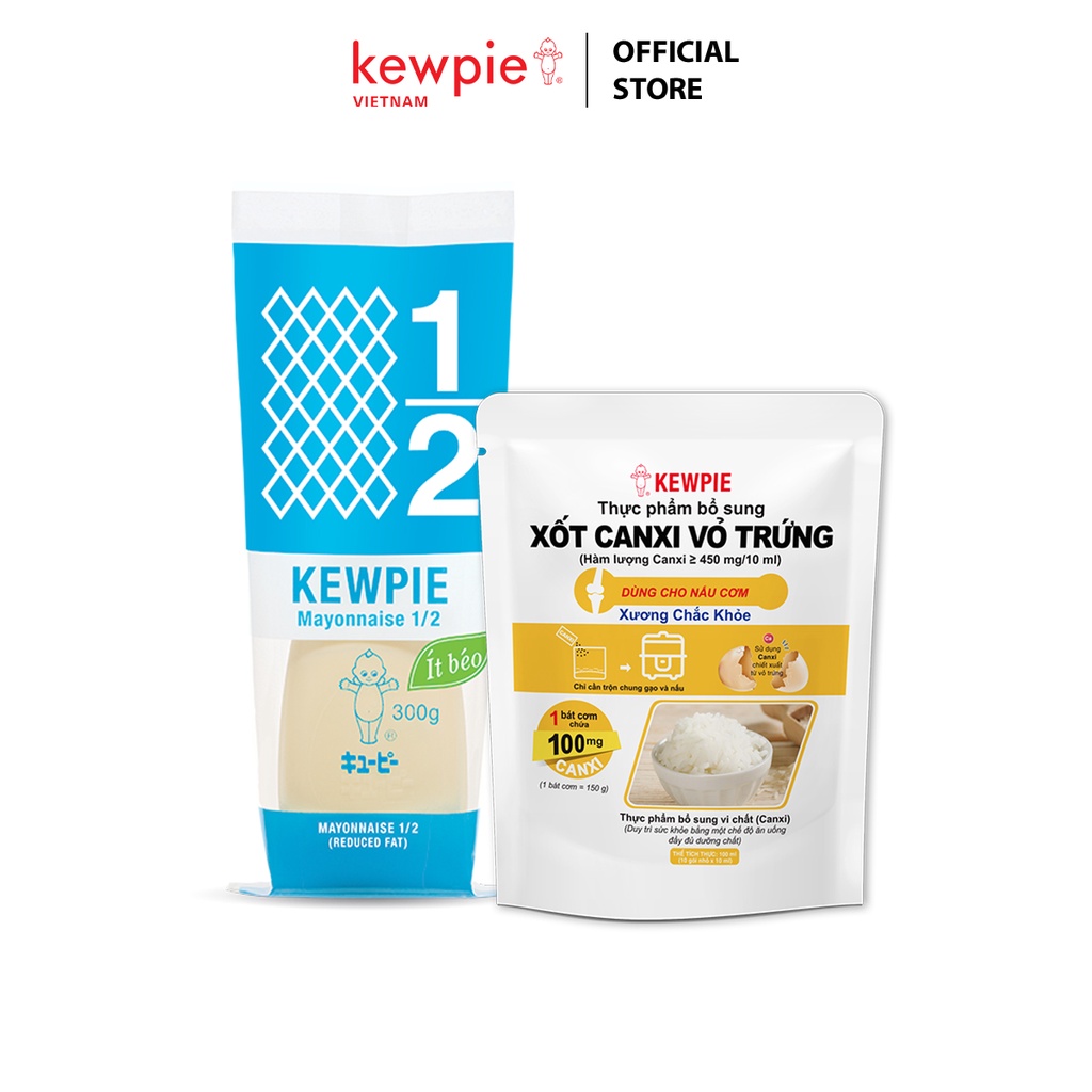 Combo Sức khỏe 1 chai Xốt Mayonnaise Kewpie Ít Béo 300g x 1 Gói Xốt Canxi Vỏ Trứng Kewpie (10ml x 10)