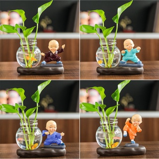 Bộ 4 Tượng Chú Tiểu Luyện Võ Kèm Lọ Hoa Trồng Cây Có Chân Đế, Bình Thủy Sinh Chú Tiểu