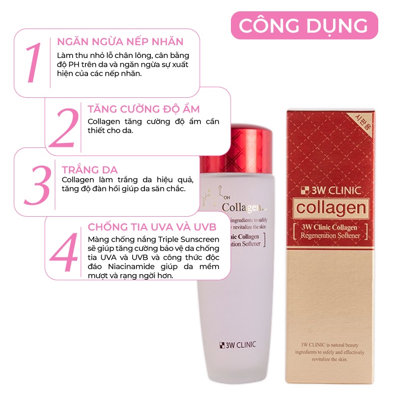 [Mã BMBAU50 giảm 7% đơn 99K] Nước hoa hồng dưỡng da săn chắc chống lão hóa tinh chất Collagen 3W CLINIC Hàn Quốc 150ml