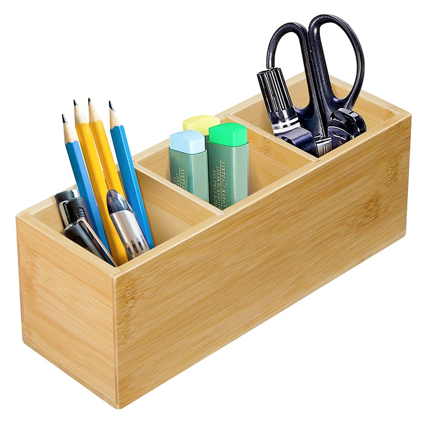 Hộp bút để bàn 3 ngăn, hộp đựng dụng cụ học tập văn phòng phẩm - SNF Bamboo and Craft