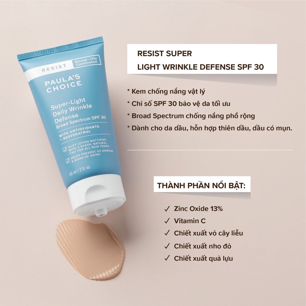 Kem Chống Nắng Paula's Choice Resist Super-light Wrinkle Defense SPF 30 Bảo Vệ Da Chống Lão Hóa Cấp Ẩm Dưỡng Sáng Da