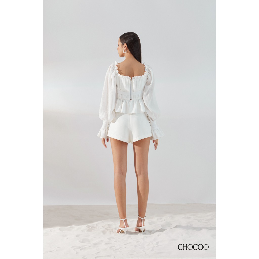 CHOCOO - Áo Kiểu Dài Tay Cổ Vuông Tay Phồng DULCIE TOP Cúp Ngực Cột Nơ Màu Trắng