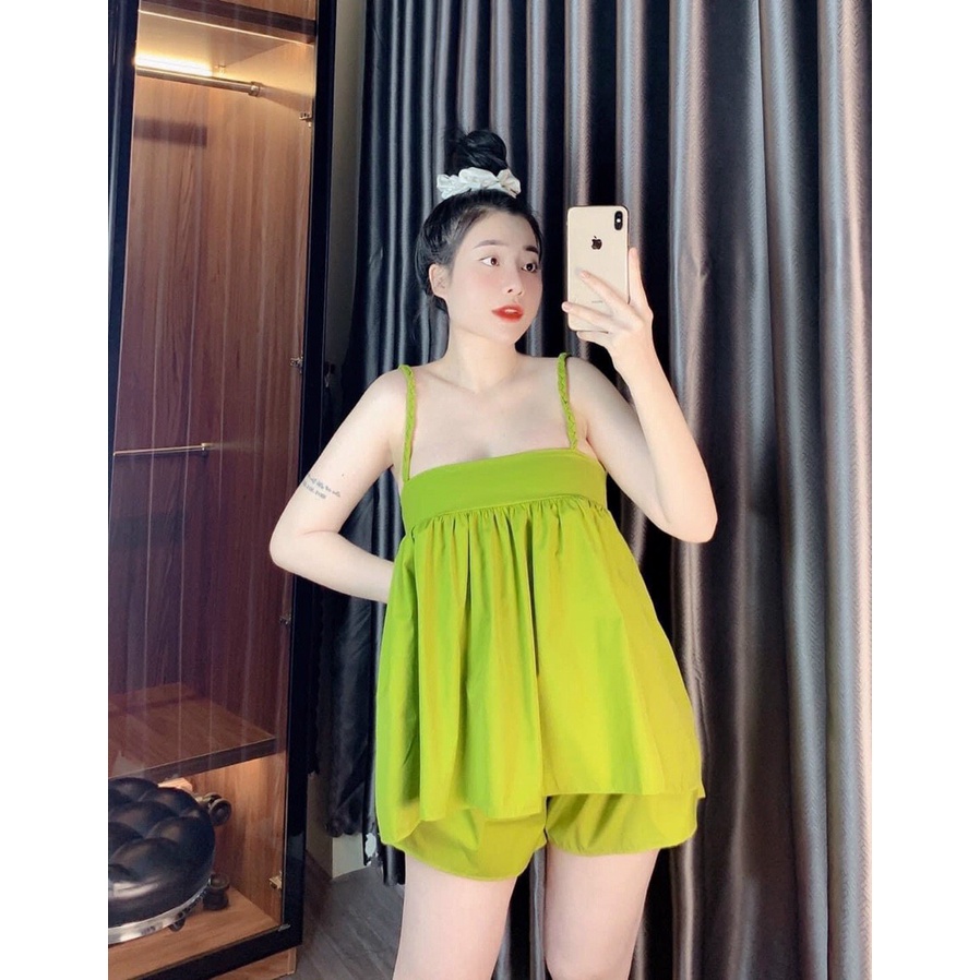 [ Miễn phí ship 2022 ] Set bộ babydoll 2 dây nhièu màu xinh xắn, bộ lụa đùi dáng phồng đi chơi, đi biển dễ thương