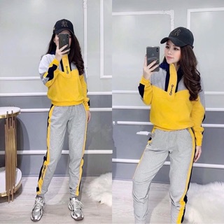 bộ đồ nữ,quần áo thể thao thu đông dài tay màu vàng phối ghi