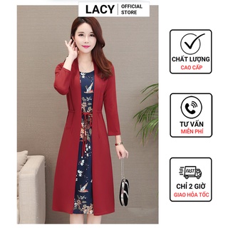 Váy hoa dài nữ giả áo choàng ngoài thiết kế dáng suông tay dài có nơ thắt eo sang trọng quý phái lacy va13
