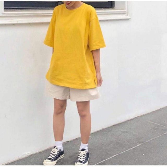 áo thun tay lỡ màu vàng nam &amp; nữ FOME RỘNG có chọn size, chất thun xịn 8l-vm09