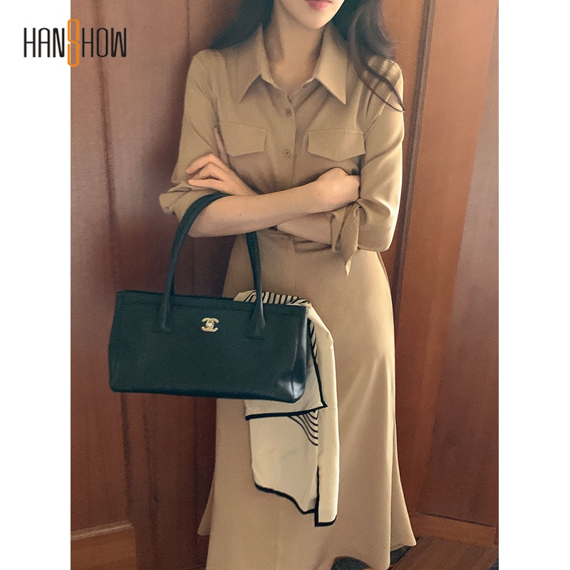 Đầm sơ mi dài tay thắt eo thiết kế thời trang thanh lịch cho nữ