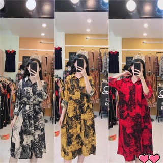 Váy Sơ Mi Dáng Dài Lụa Loang Hàn (3 màu)
