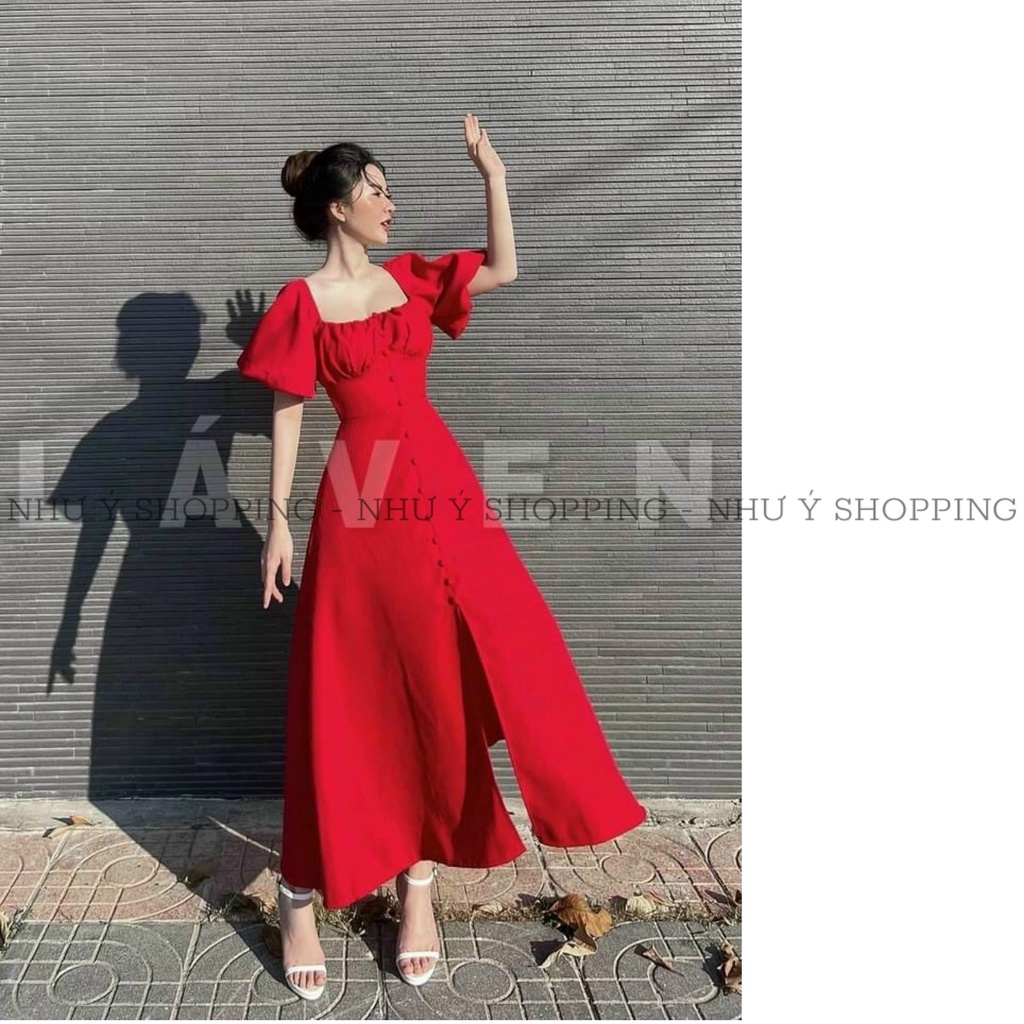 Đầm tay phồng đóng nút xẻ tà thanh lịch trẻ trung 3 màu free size dưới 55kg