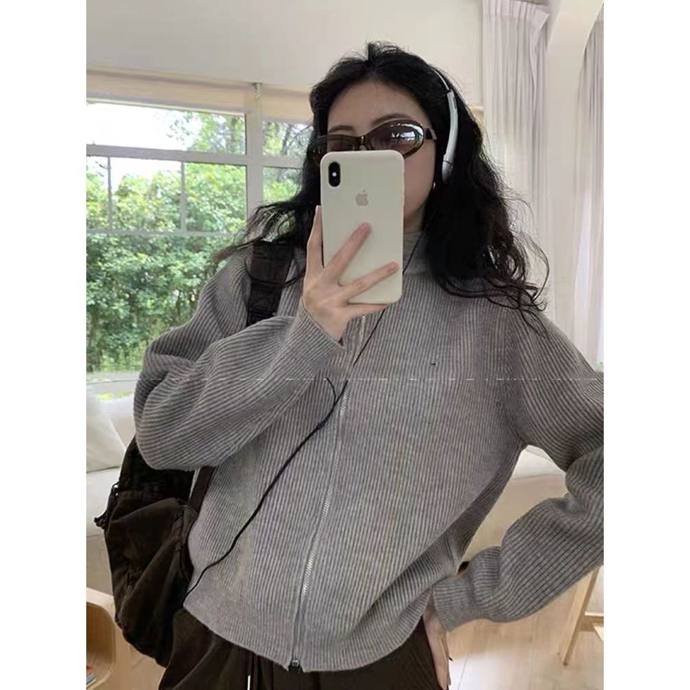 Áo Cardigan Dệt Kim Cổ Đứng Phối Khóa Kéo Phong Cách Hàn Quốc Thời Trang Xuân Thu 2022