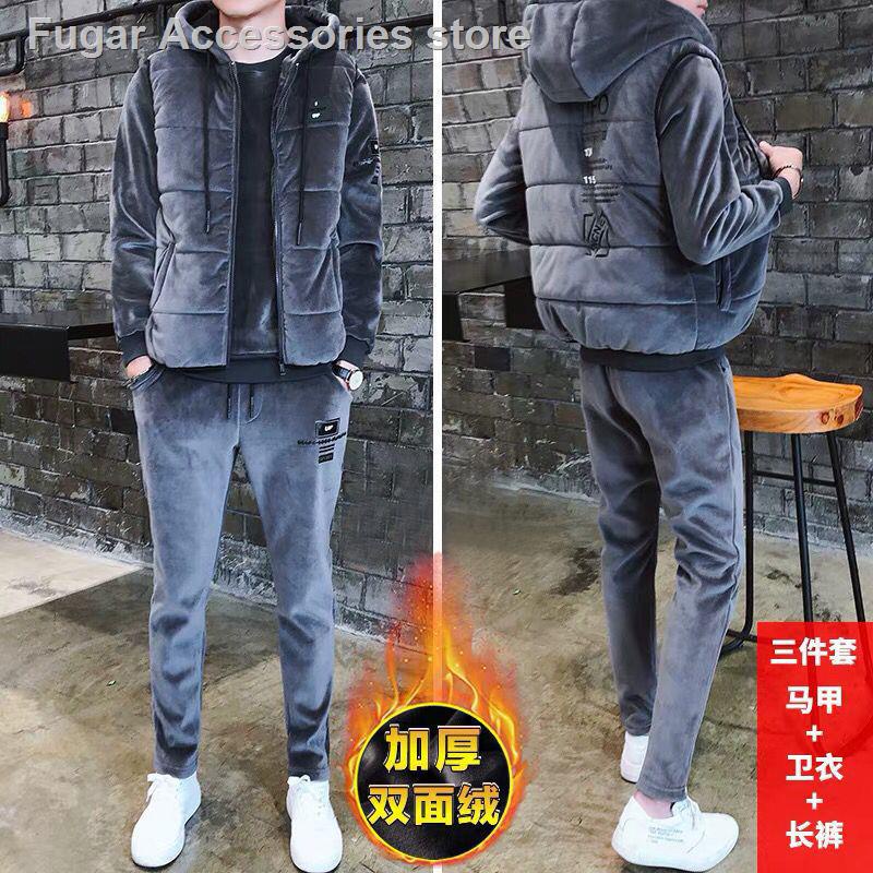 Set 3 món áo khoác quần dài vải nhung dày cho nam trẻ trung thời trang hàn quốc chủ đề thể thao