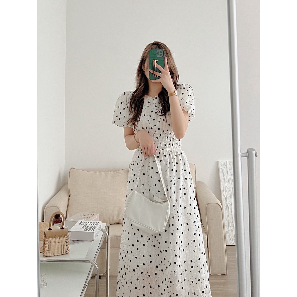 Váy tơ hoa bo chun eo tôn dáng Hàn Quốc