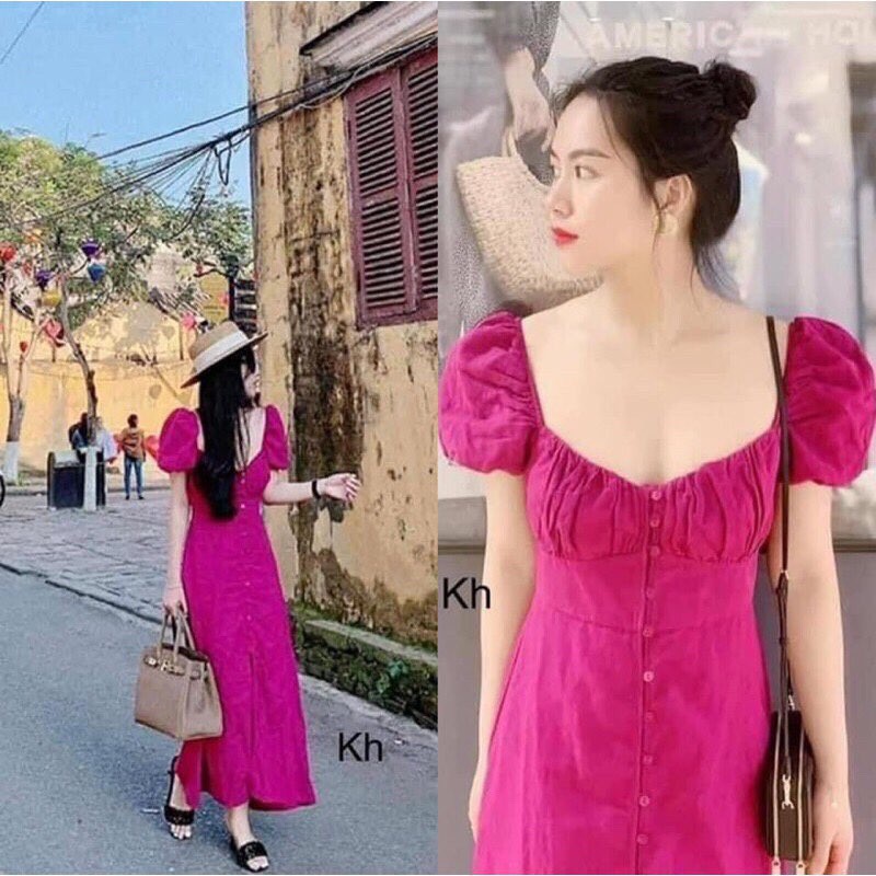 Váy đầm dáng dài xòe cổ vuông lưng chun chất đũi màu hồng siêu tây cho nữ