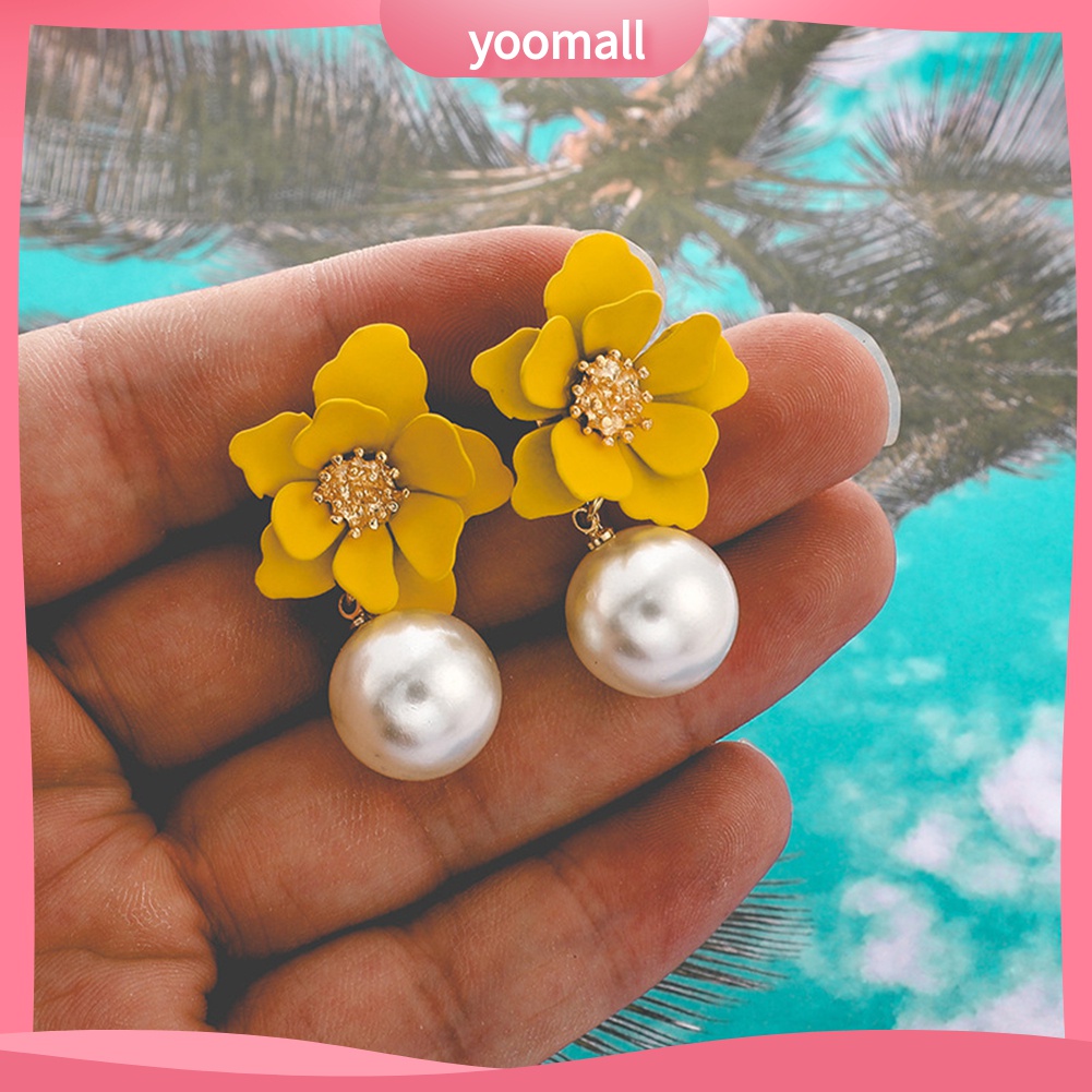 Yomall♡ Đôi Bông Tai Mặt Hoa Đính Ngọc Trai Nhân Tạo Thời Trang