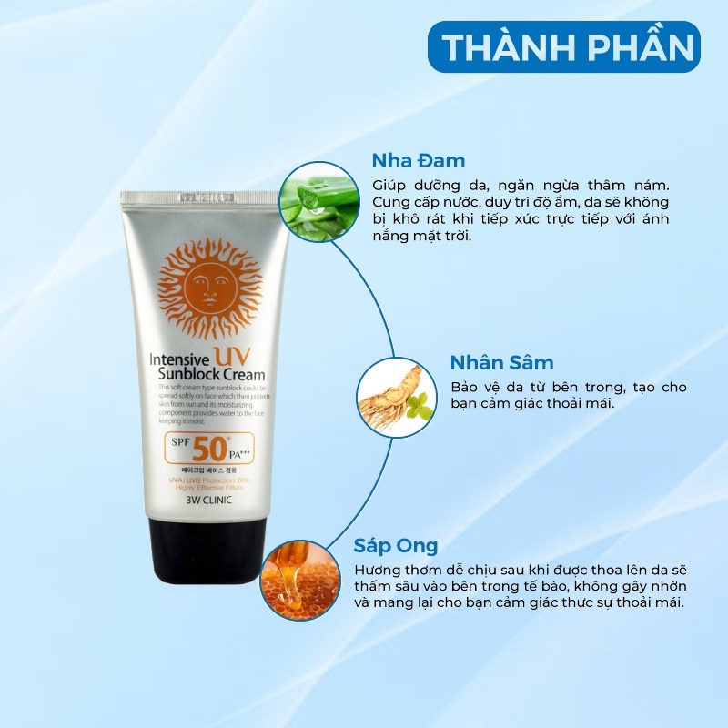Kem Chống Nắng 3w Clinic Intensive Uv Sunblock Cream Hàn Quốc Spf 50 Pa+++ 70ml