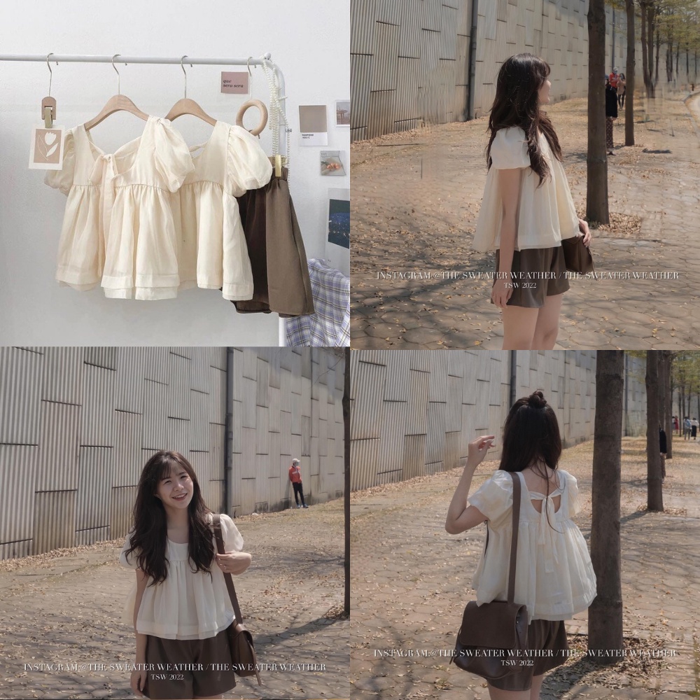 Áo babydoll voan buộc nơ mix quần sooc nâu áo vải voan tơ mix quần chất kaki