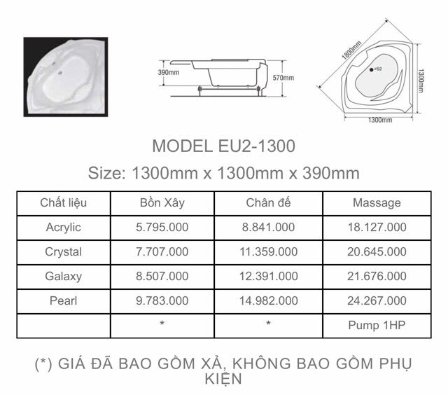 BỒN TẮM GÓC EUROCA  - MODEL EU2 - 1300 - BẢO HÀNH 3 NĂM