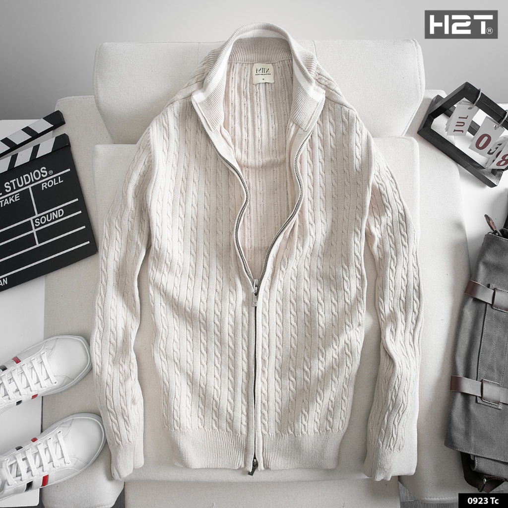 Áo Khoác Len Nam H2T Sweater Mix, Thiết Kế Slimfit Ôm Người Tôn Dáng, Nền Vải Bện Hoa Văn Tinh Tế, Khóa Kim Loại 0923