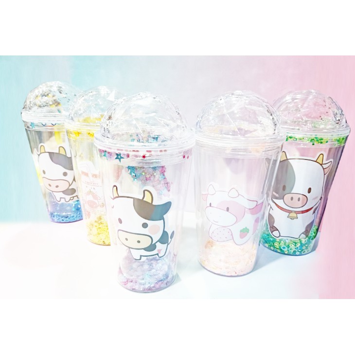 cốc 2 lớp bò sữa kim tuyến CNKI34 cốc giữ nhiệt ly 2 lớp cốc làm lạnh dễ thương 500ml