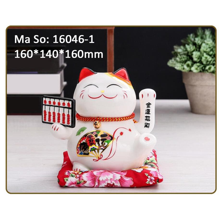 Mèo Thần Tài Sứ , Mèo May Mắn Maneki Neko vẫy tay cao 16cm