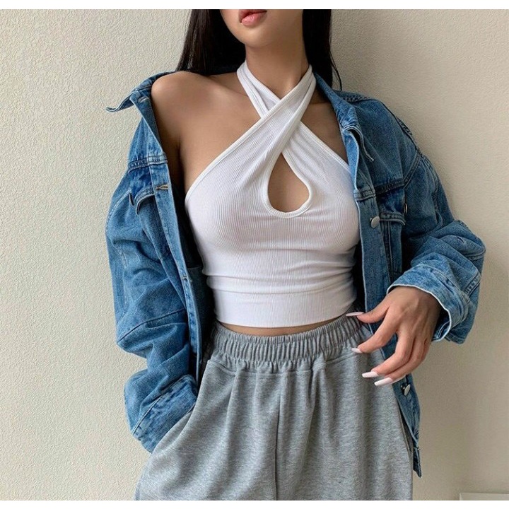 Áo croptop chéo cổ hình giọt nước chất thun Borip dày dặn có ảnh thật chính chủ ( Size 40-53kg )