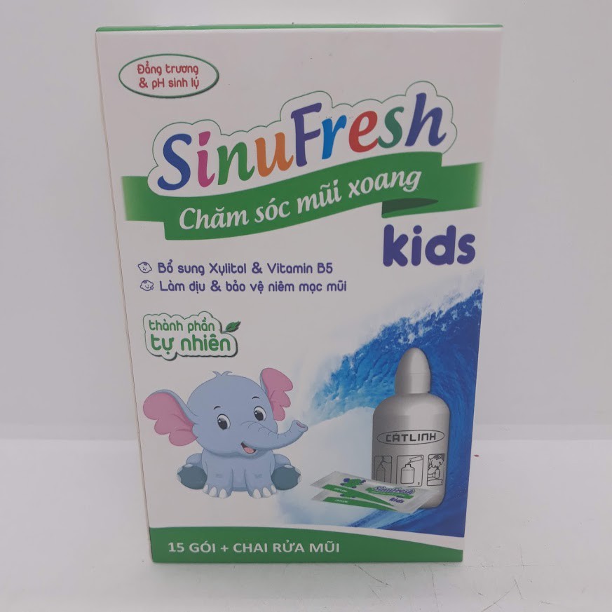 Bình rửa mũi cho bé Cát Linh Sinufresh Kids chai 180ml tặng kèm 15 gói muối nano rửa xoang, dụng cụ có van điều chỉnh