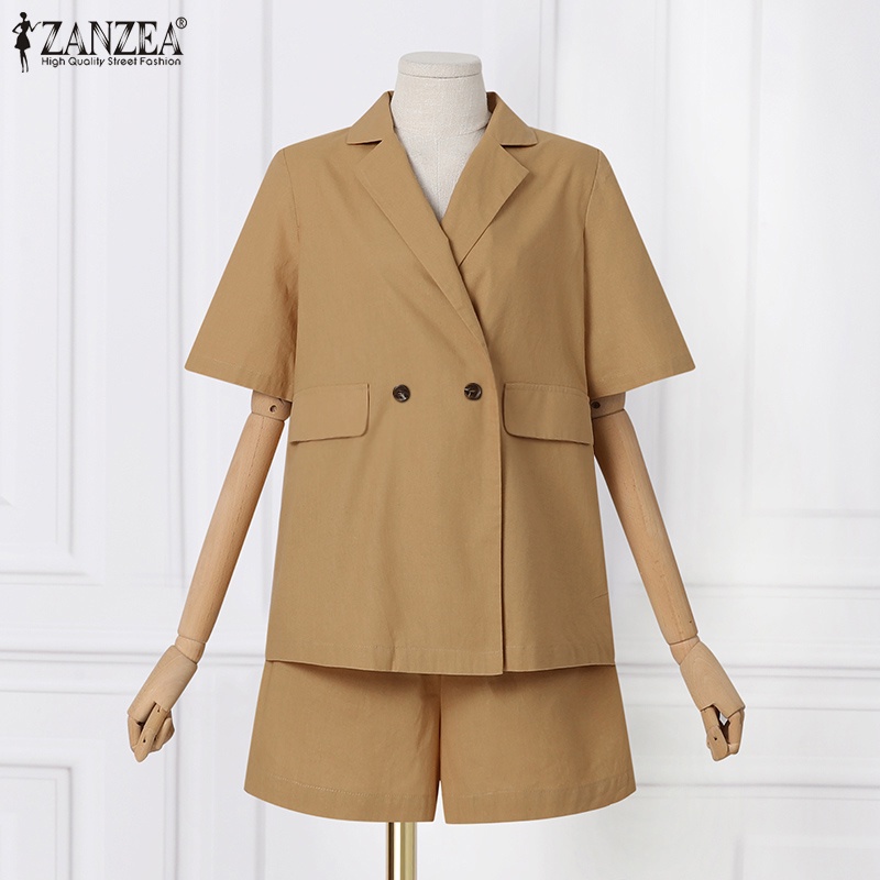 Bộ áo sơ mi ngắn tay cổ bẻ + quần short lưng thun ống rộng ZANZEA thời trang cho nữ