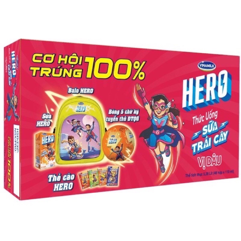 Thùng 48 Hộp Sữa Trái Cây Vinamilk Hero Vị Dâu - 110ml