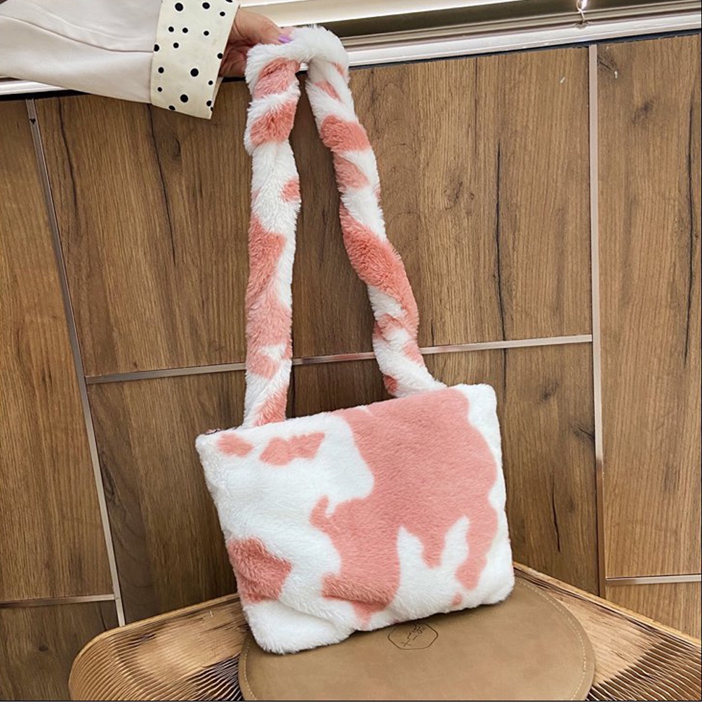 Túi Đeo Chéo Phủ Lông Giả Họa Tiết Bò Sữa Độc Đáo Thời Trang Cho Nữ